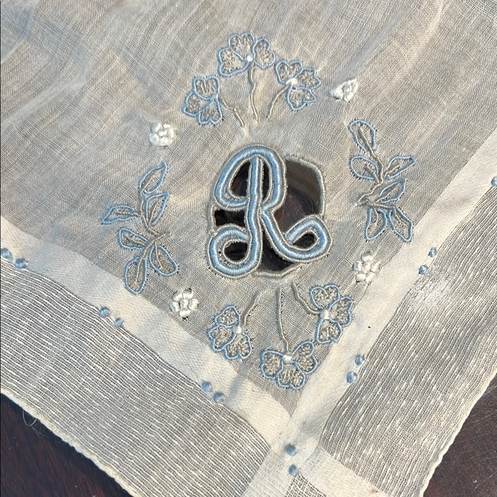 Embroidered Handkerchief with Blue Floral Design